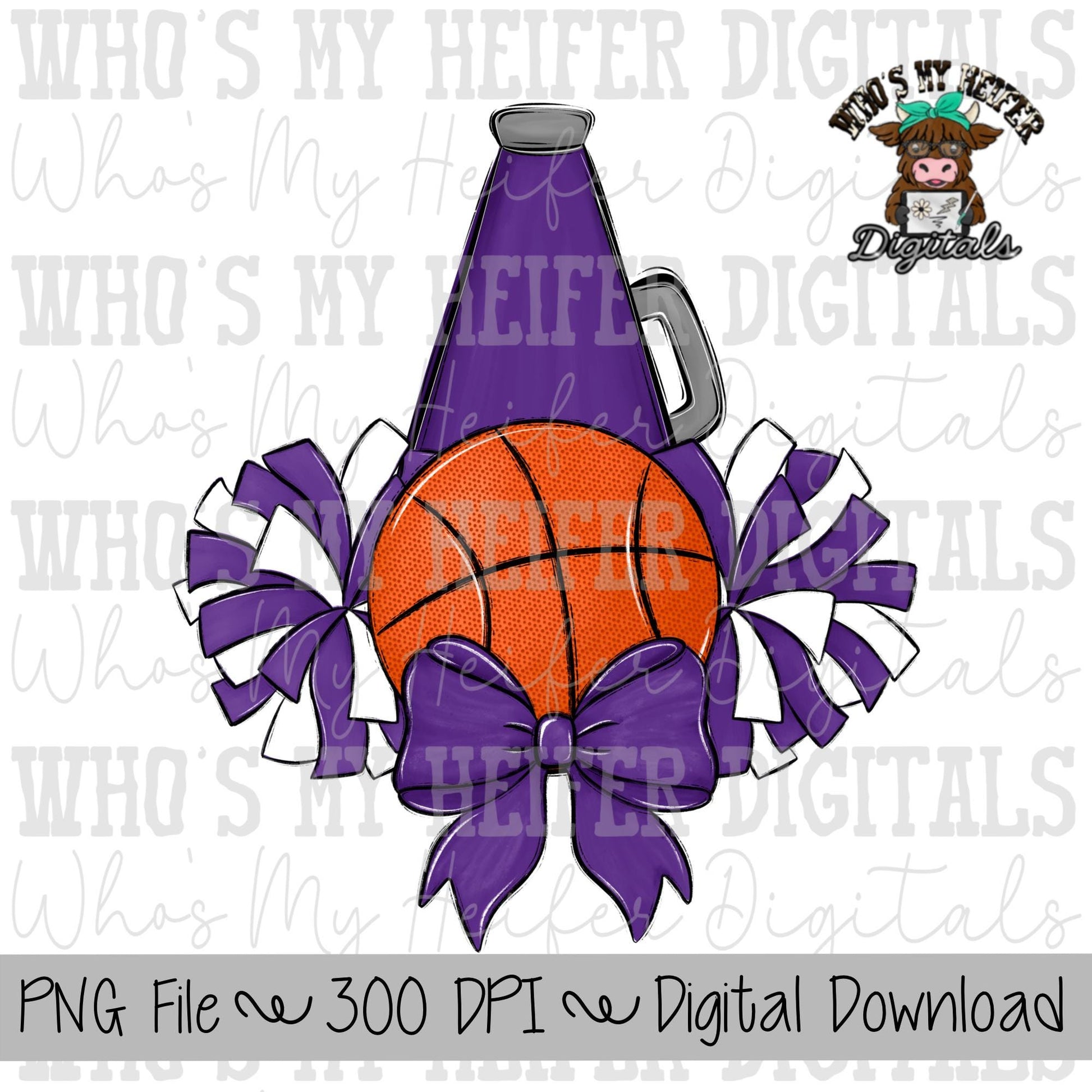 Purple and White Basketball Cheer PNG Hand Drawn Basketball, Pompoms, & Cheer Bow Sublimation PNG Girl Game Day Shirt Design Cheer Clipart