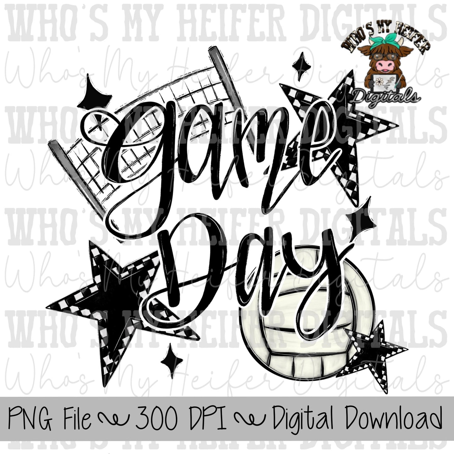 Game Day Volleyball PNG Hand Drawn Volleyball & Volleyball Net Sublimation PNG Retro Game Day Shirt Design Black Checkered Stars Clipart