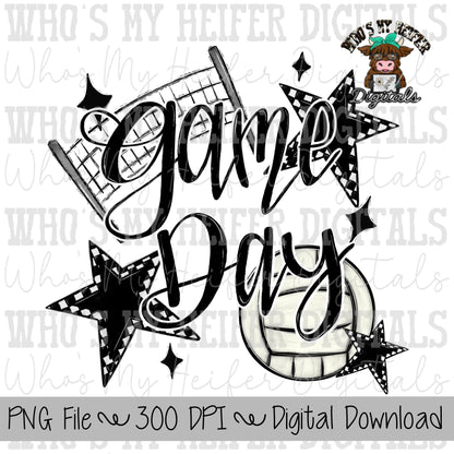 Game Day Volleyball PNG Hand Drawn Volleyball & Volleyball Net Sublimation PNG Retro Game Day Shirt Design Black Checkered Stars Clipart