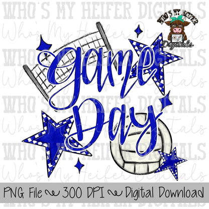 Game Day Volleyball PNG Hand Drawn Volleyball & Volleyball Net Sublimation PNG Retro Game Day Shirt Design Blue Checkered Stars Clipart