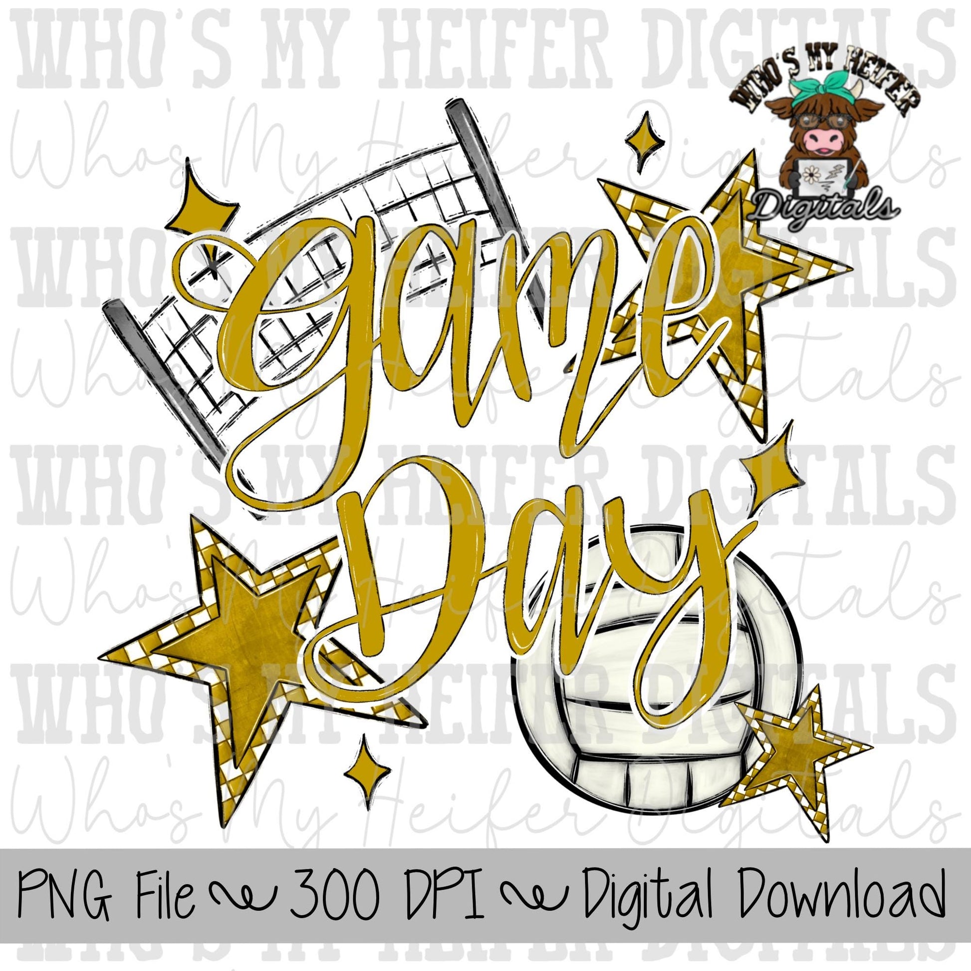 Game Day Volleyball PNG Hand Drawn Volleyball & Volleyball Net Sublimation PNG Retro Game Day Shirt Design Gold Checkered Stars Clipart