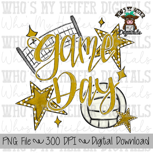 Game Day Volleyball PNG Hand Drawn Volleyball & Volleyball Net Sublimation PNG Retro Game Day Shirt Design Gold Checkered Stars Clipart