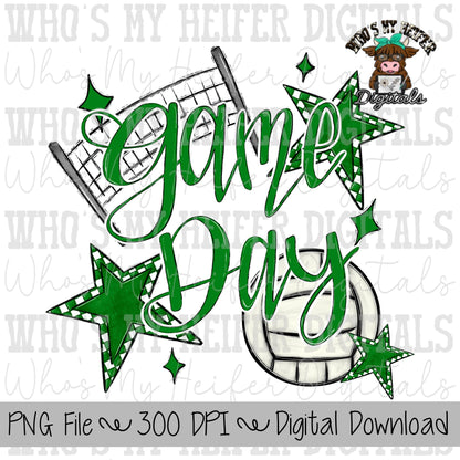 Game Day Volleyball PNG Hand Drawn Volleyball & Volleyball Net Sublimation PNG Retro Game Day Shirt Design Green Checkered Stars Clipart