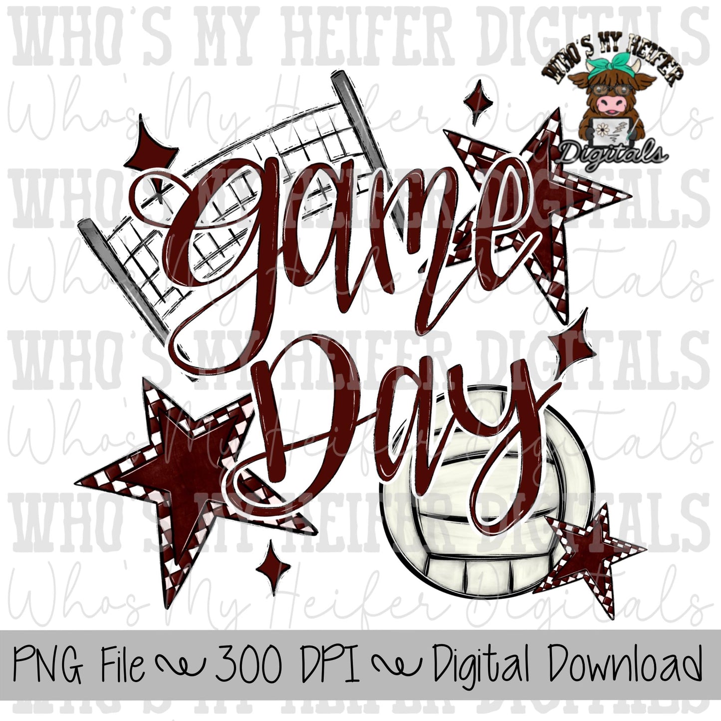 Game Day Volleyball PNG Hand Drawn Volleyball & Volleyball Net Sublimation PNG Retro Game Day Shirt Design Maroon Checkered Stars Clipart