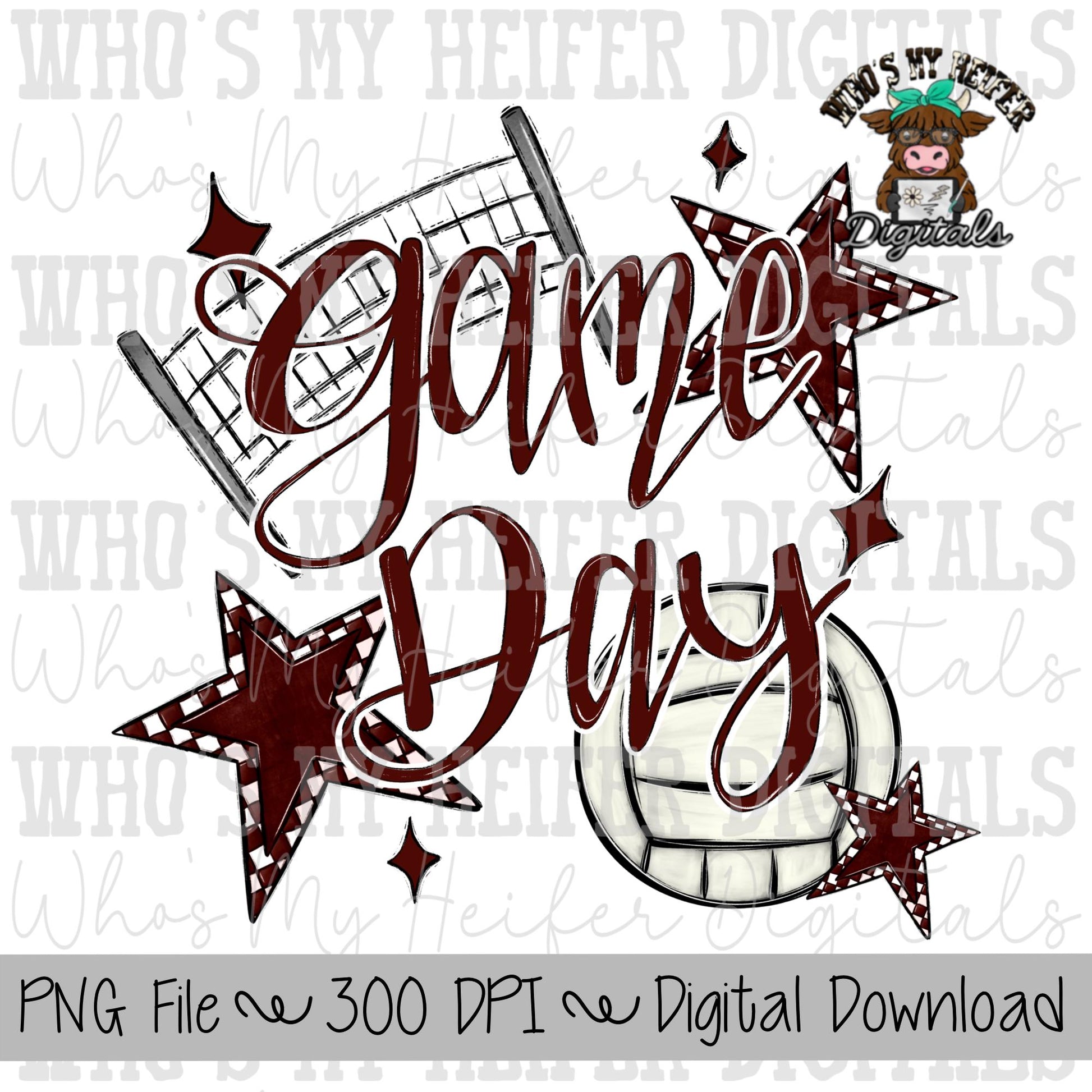 Game Day Volleyball PNG Hand Drawn Volleyball & Volleyball Net Sublimation PNG Retro Game Day Shirt Design Maroon Checkered Stars Clipart
