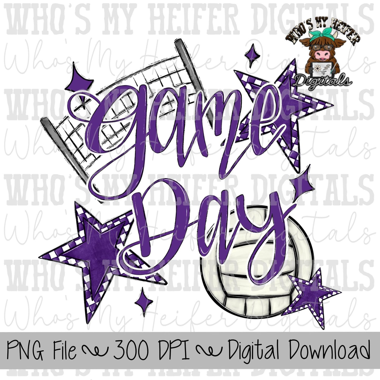 Game Day Volleyball PNG Hand Drawn Volleyball & Volleyball Net Sublimation PNG Retro Game Day Shirt Design Purple Checkered Stars Clipart