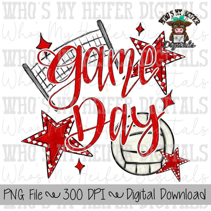 Game Day Volleyball PNG Hand Drawn Volleyball & Volleyball Net Sublimation PNG Retro Game Day Shirt Design Red Checkered Stars Clipart