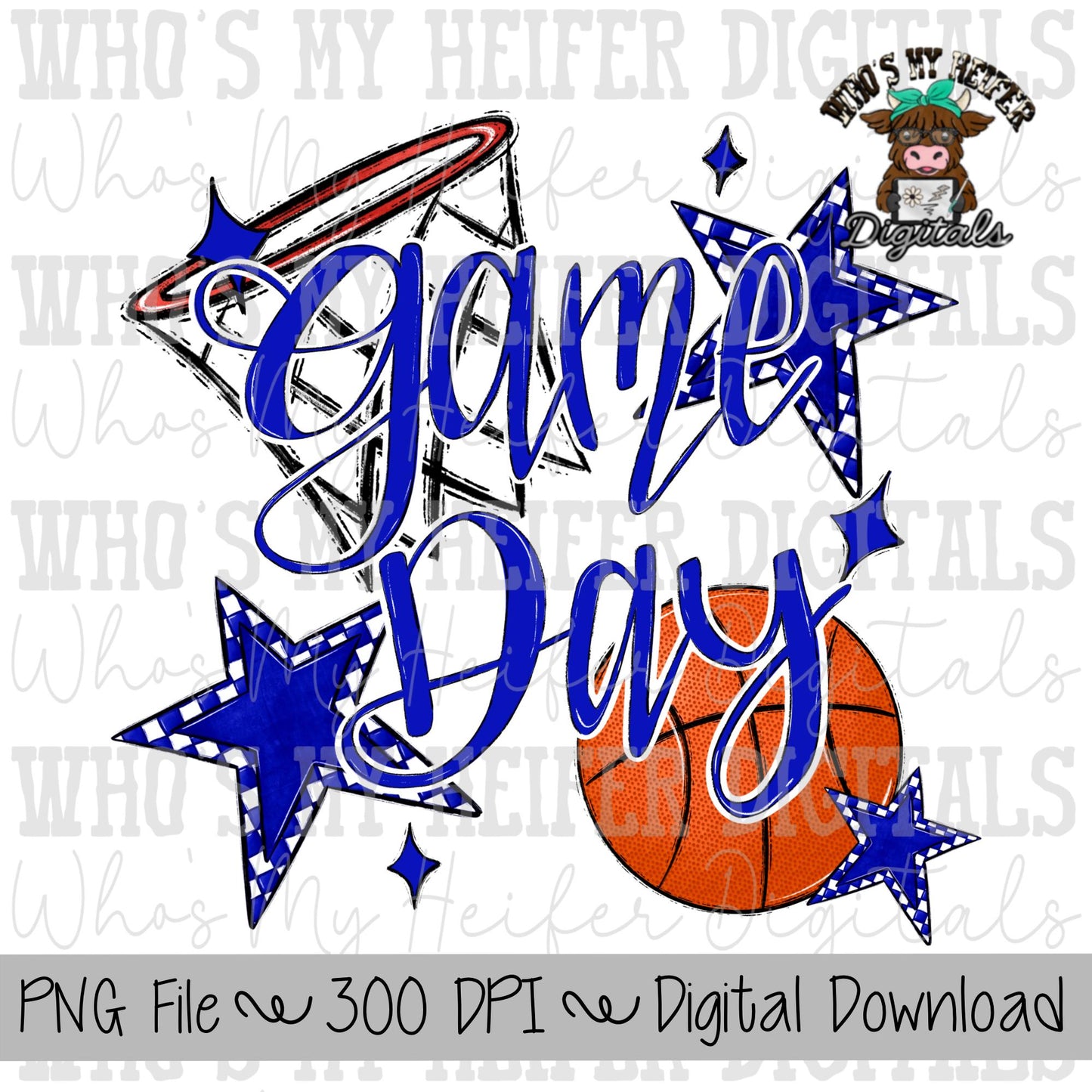 Game Day Basketball PNG Hand Drawn Basketball & Basketball Hoop Sublimation PNG Retro Game Day Shirt Design Blue Checkered Stars Clipart