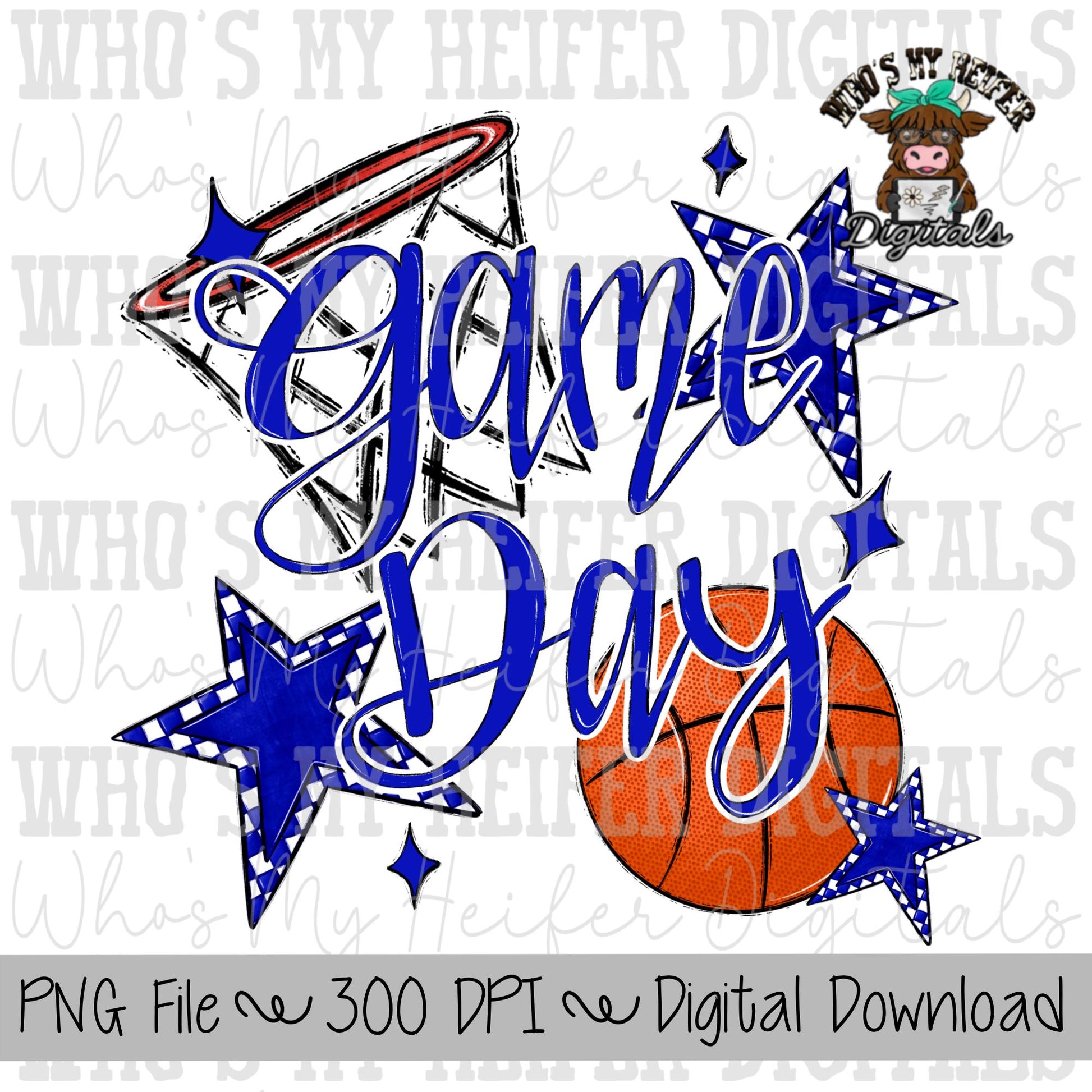 Game Day Basketball PNG Hand Drawn Basketball & Basketball Hoop Sublimation PNG Retro Game Day Shirt Design Blue Checkered Stars Clipart