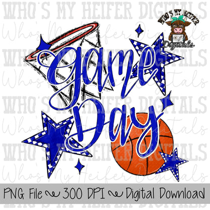 Game Day Basketball PNG Hand Drawn Basketball & Basketball Hoop Sublimation PNG Retro Game Day Shirt Design Blue Checkered Stars Clipart