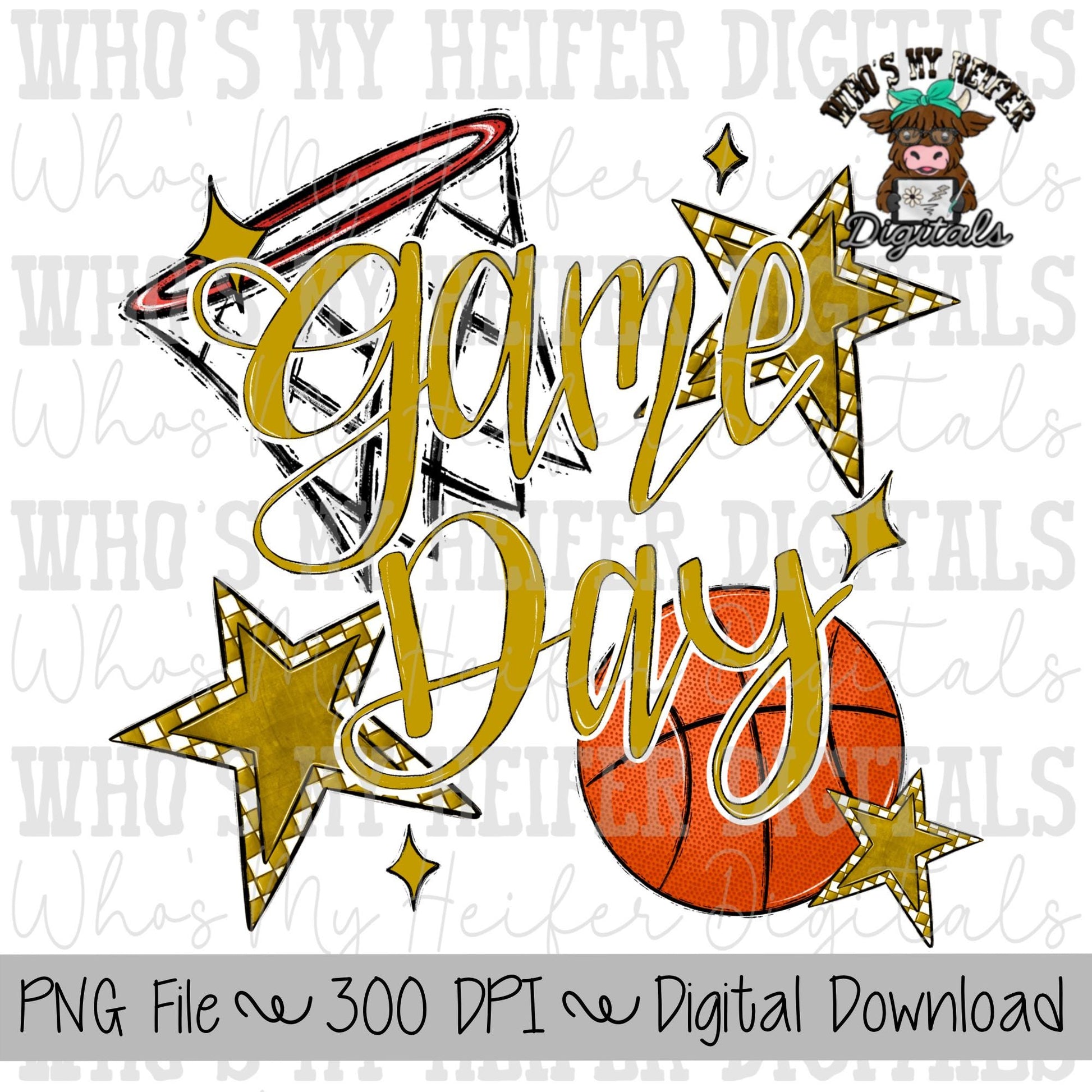 Game Day Basketball PNG Hand Drawn Basketball & Basketball Hoop Sublimation PNG Retro Game Day Shirt Design Gold Checkered Stars Clipart