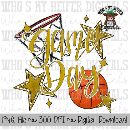 Game Day Basketball PNG Hand Drawn Basketball & Basketball Hoop Sublimation PNG Retro Game Day Shirt Design Gold Checkered Stars Clipart
