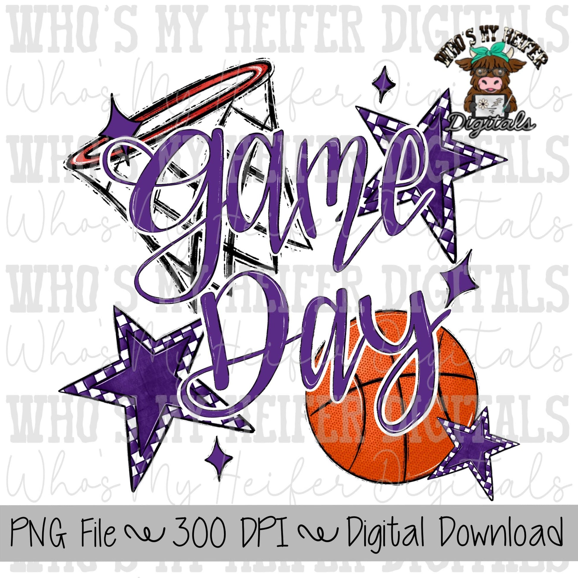 Game Day Basketball PNG Hand Drawn Basketball & Basketball Hoop Sublimation PNG Retro Game Day Shirt Design Purple Checkered Stars Clipart