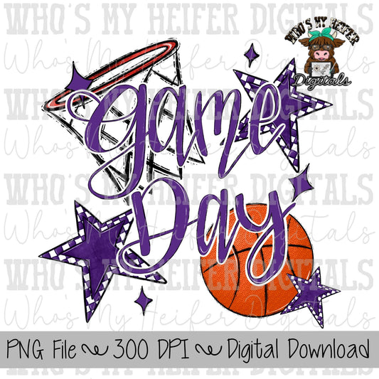 Game Day Basketball PNG Hand Drawn Basketball & Basketball Hoop Sublimation PNG Retro Game Day Shirt Design Purple Checkered Stars Clipart