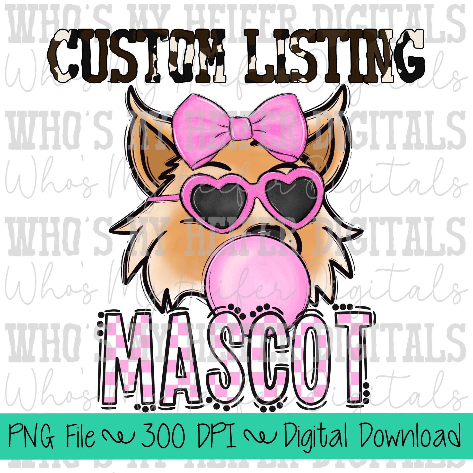 Custom Bubble Gum Mascot PNG Hand Drawn Mascot with Bow Sublimation PNG Game Day Shirt Design School Spirit PNG Checkered Mascot Doodle Art