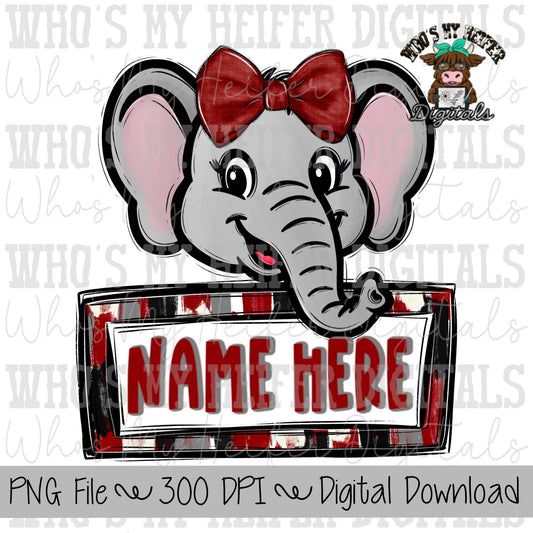 Elephant with Name Plate PNG Hand Drawn Elephant with Bow Sublimation PNG Game Day Shirt Designs School Spirit PNG Checkered Elephant Doodle