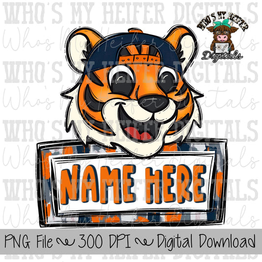 Tiger with Name Block PNG Hand Drawn Tiger with Hat Sublimation PNG Game Day Shirt Design School Spirit PNG Checkered Tiger Digital Download