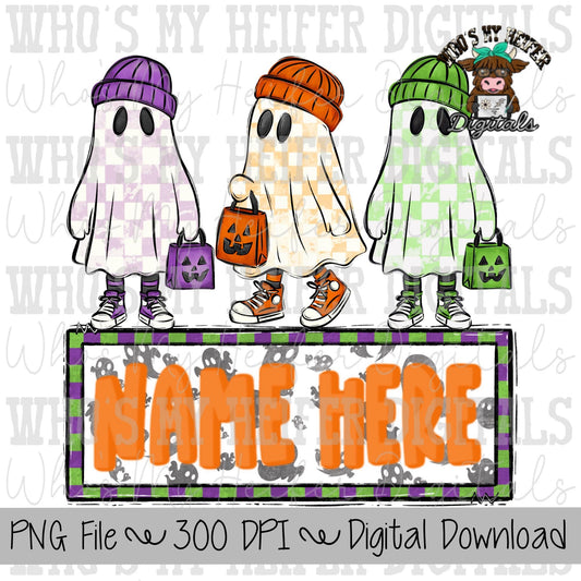 Halloween Ghost Trio with Name Block Sublimation PNG Hand Drawn Ghosts PNG File Boy Halloween Shirt Design Checkered Ghost Digital Download