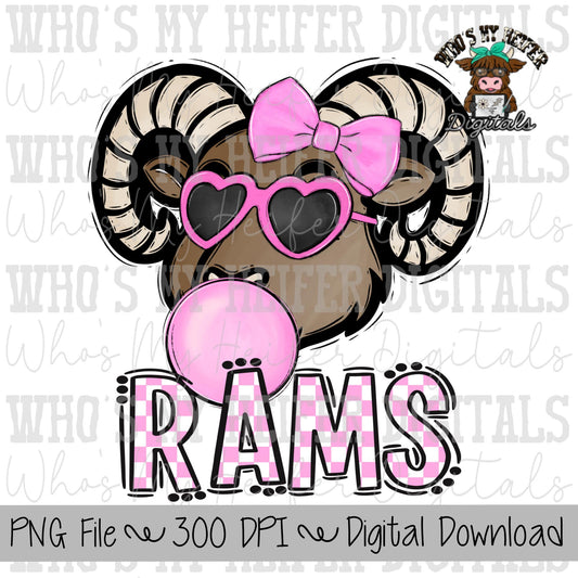 Bubble Gum Rams PNG Hand Drawn Ram with Bow Sublimation PNG Game Day Shirt Designs School Spirit PNG Checkered Rams Doodle Art