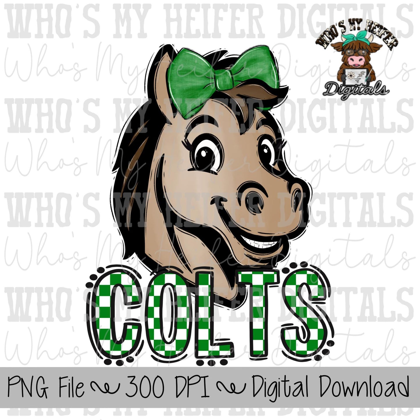 Green & White Colts PNG Hand Drawn Colt with Bow Sublimation PNG Game Day Shirt Designs School Spirit PNG Checkered Colt Doodle Art