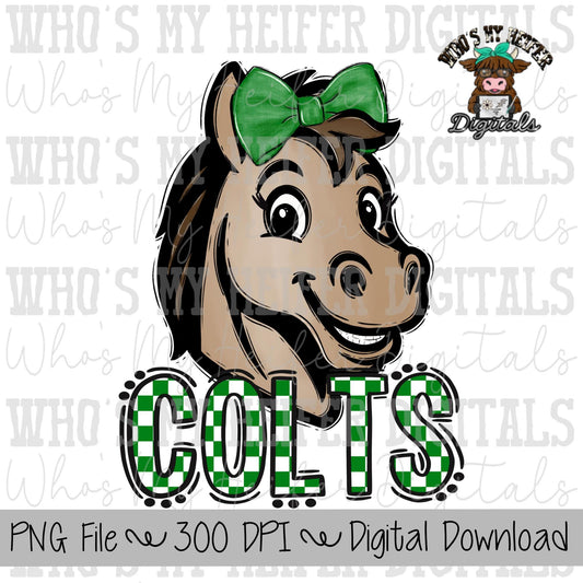 Green & White Colts PNG Hand Drawn Colt with Bow Sublimation PNG Game Day Shirt Designs School Spirit PNG Checkered Colt Doodle Art