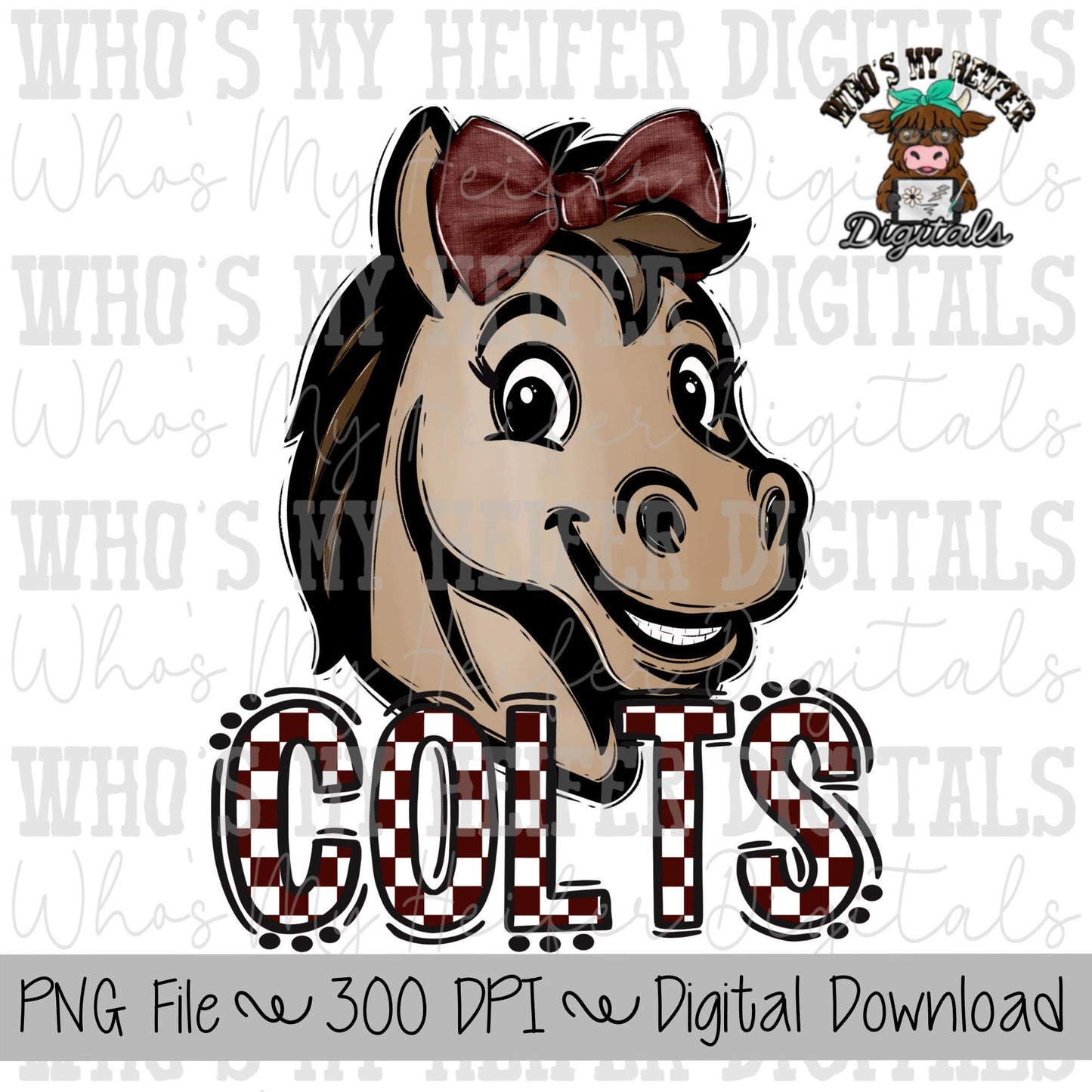 Maroon & White Colts PNG Hand Drawn Colt with Bow Sublimation PNG Game Day Shirt Designs School Spirit PNG Checkered Colt Doodle Art