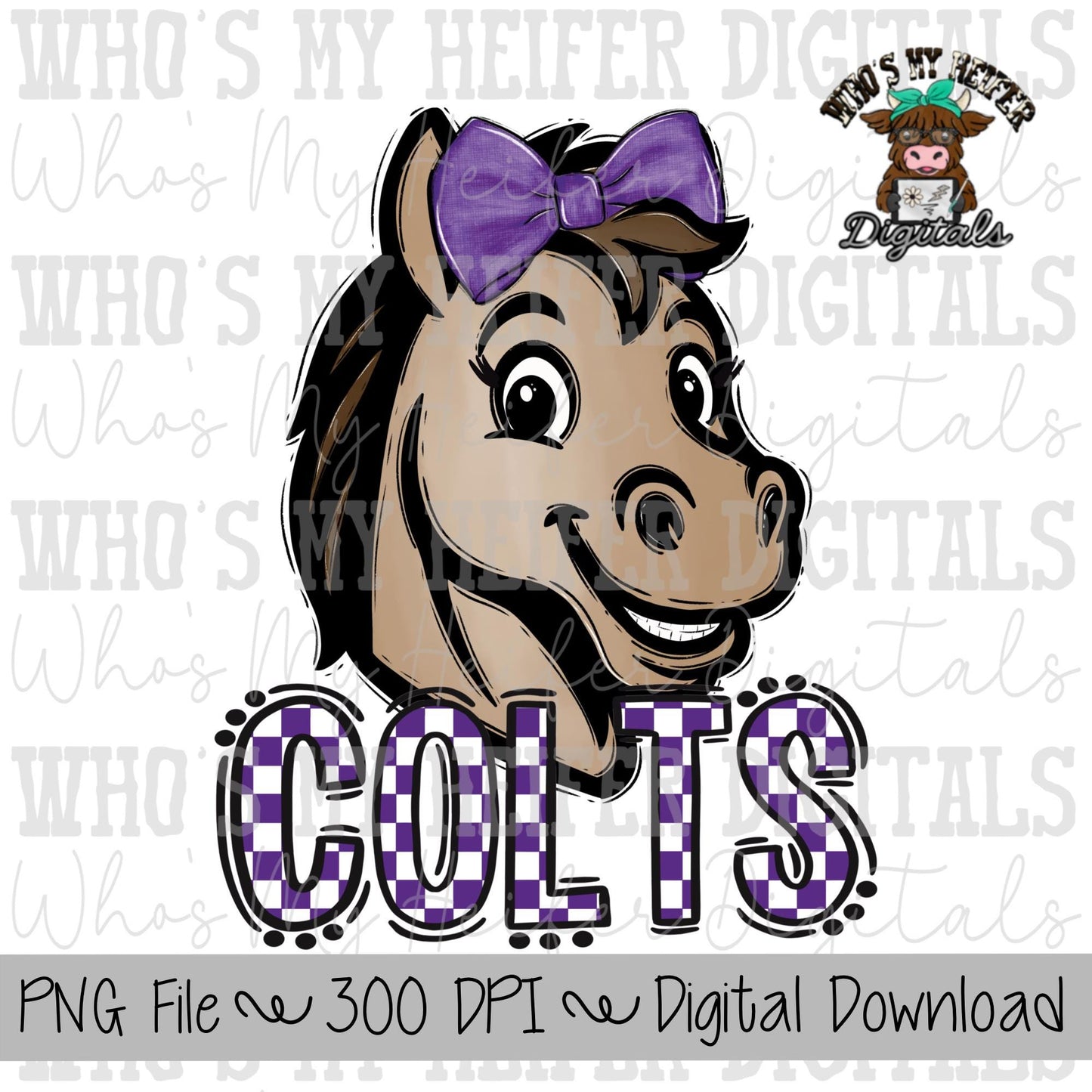 Purple & White Colts PNG Hand Drawn Colt with Bow Sublimation PNG Game Day Shirt Designs School Spirit PNG Checkered Colt Doodle Art