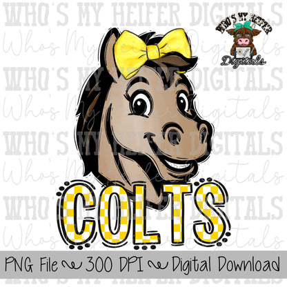 Yellow & White Colts PNG Hand Drawn Colt with Bow Sublimation PNG Game Day Shirt Designs School Spirit PNG Checkered Colt Doodle Art