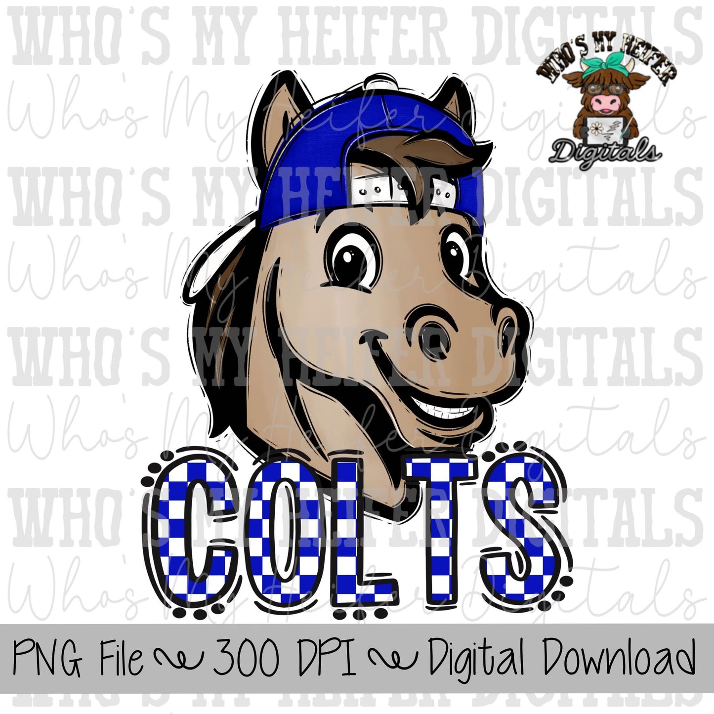 Blue & White Colts PNG Hand Drawn Colt with Hat Sublimation PNG Game Day Shirt Designs School Spirit PNG Checkered Colt Doodle Art