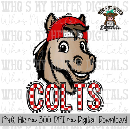 Red & White Colts PNG Hand Drawn Colt with Hat Sublimation PNG Game Day Shirt Designs School Spirit PNG Checkered Colt Doodle Art