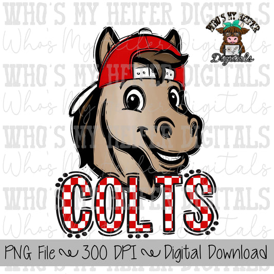 Red & White Colts PNG Hand Drawn Colt with Hat Sublimation PNG Game Day Shirt Designs School Spirit PNG Checkered Colt Doodle Art