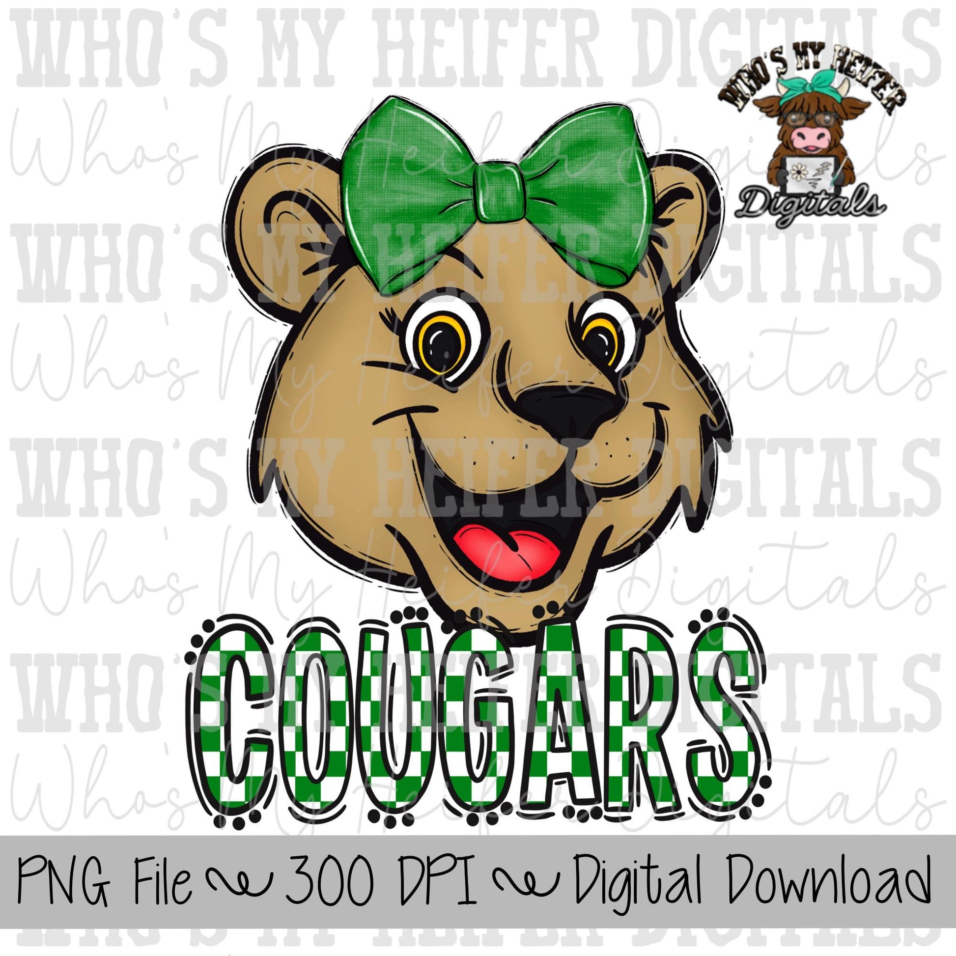 Green & White Cougar PNG Hand Drawn Cougar with Bow Sublimation PNG Game Day Shirt Designs School Spirit PNG Checkered Cougar Doodle Art