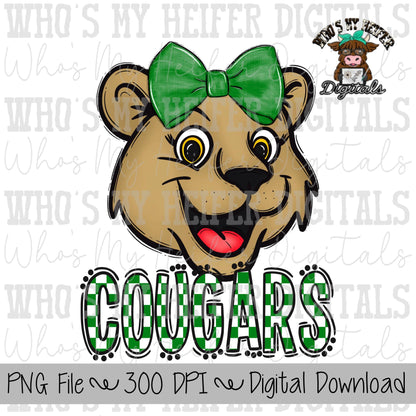 Green & White Cougar PNG Hand Drawn Cougar with Bow Sublimation PNG Game Day Shirt Designs School Spirit PNG Checkered Cougar Doodle Art
