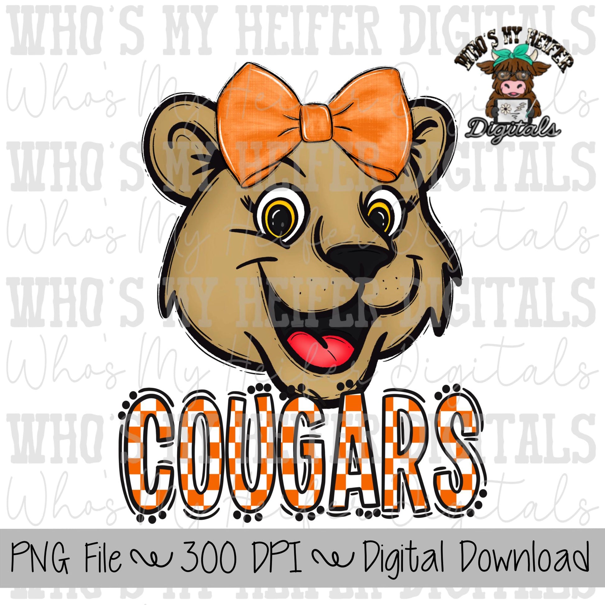 Orange & White Cougar PNG Hand Drawn Cougar with Bow Sublimation PNG Game Day Shirt Designs School Spirit PNG Checkered Cougar Doodle Art