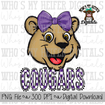 Purple & White Cougar PNG Hand Drawn Cougar with Bow Sublimation PNG Game Day Shirt Designs School Spirit PNG Checkered Cougar Doodle Art