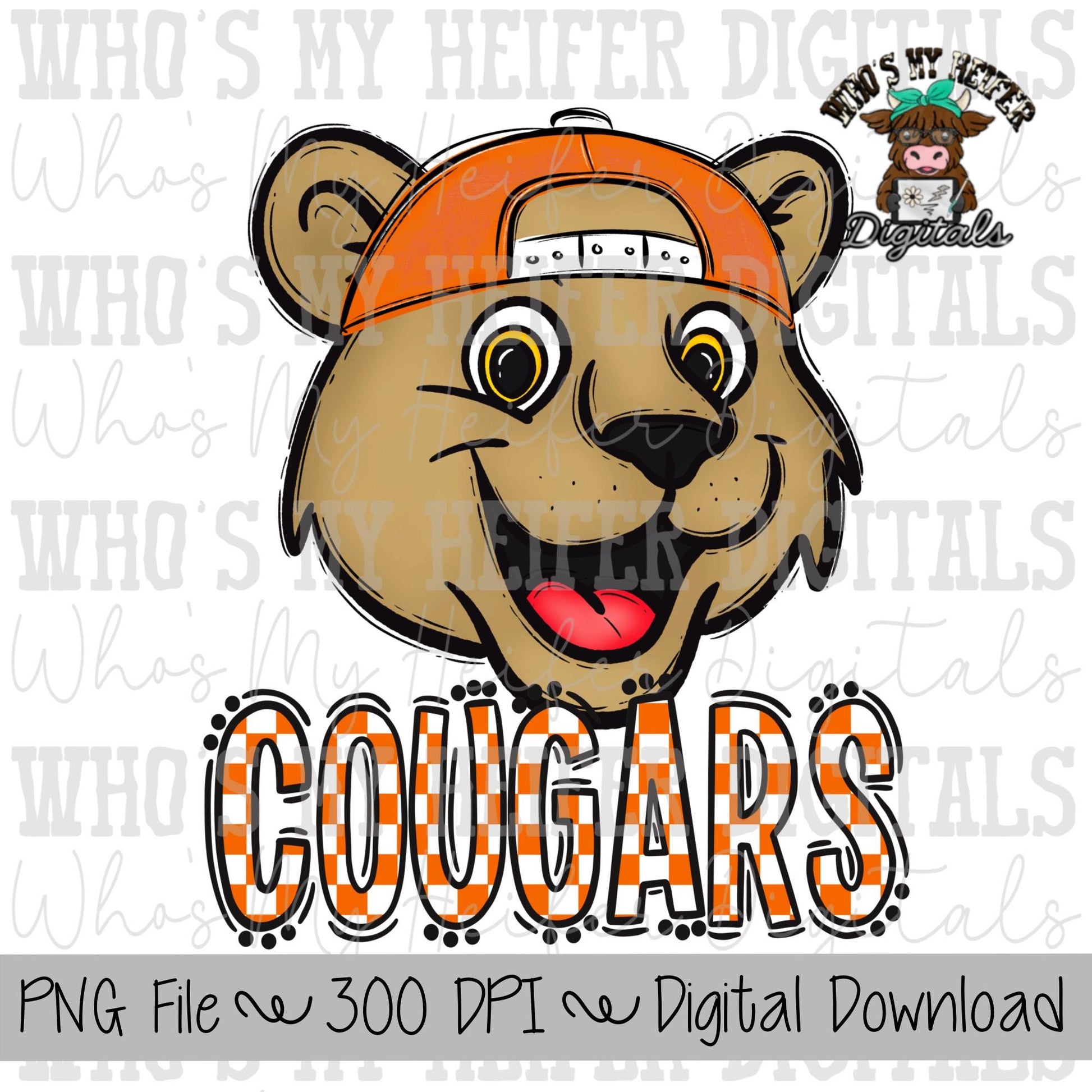 Orange & White Cougar PNG Hand Drawn Cougar with Hat Sublimation PNG Game Day Shirt Designs School Spirit PNG Checkered Cougar Doodle Art
