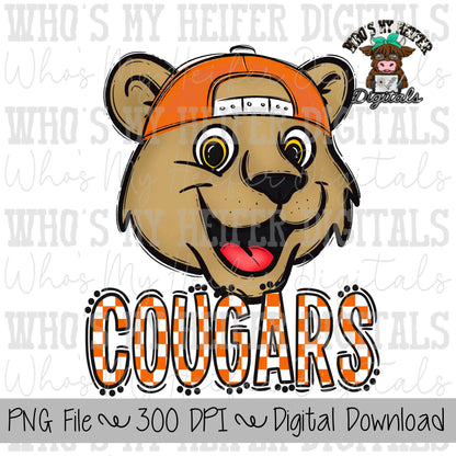 Orange & White Cougar PNG Hand Drawn Cougar with Hat Sublimation PNG Game Day Shirt Designs School Spirit PNG Checkered Cougar Doodle Art