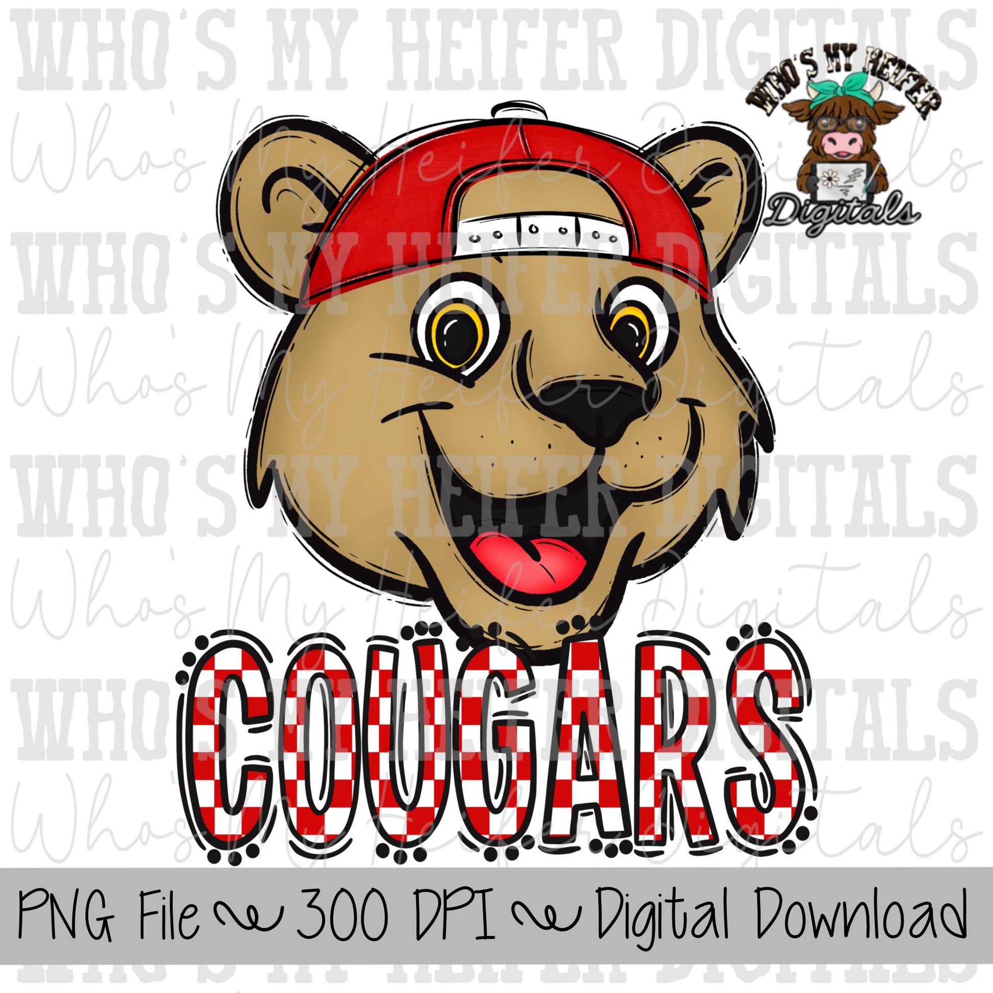 Red & White Cougar PNG Hand Drawn Cougar with Hat Sublimation PNG Game Day Shirt Designs School Spirit PNG Checkered Cougar Doodle Art