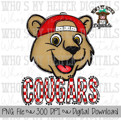 Red & White Cougar PNG Hand Drawn Cougar with Hat Sublimation PNG Game Day Shirt Designs School Spirit PNG Checkered Cougar Doodle Art