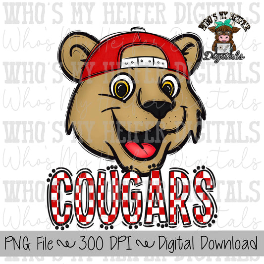 Red & White Cougar PNG Hand Drawn Cougar with Hat Sublimation PNG Game Day Shirt Designs School Spirit PNG Checkered Cougar Doodle Art