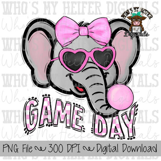 Bubble Gum Elephant PNG Hand Drawn Elephant with Bow Sublimation PNG Game Day Shirt Designs School Spirit PNG Checkered Elephant Doodle