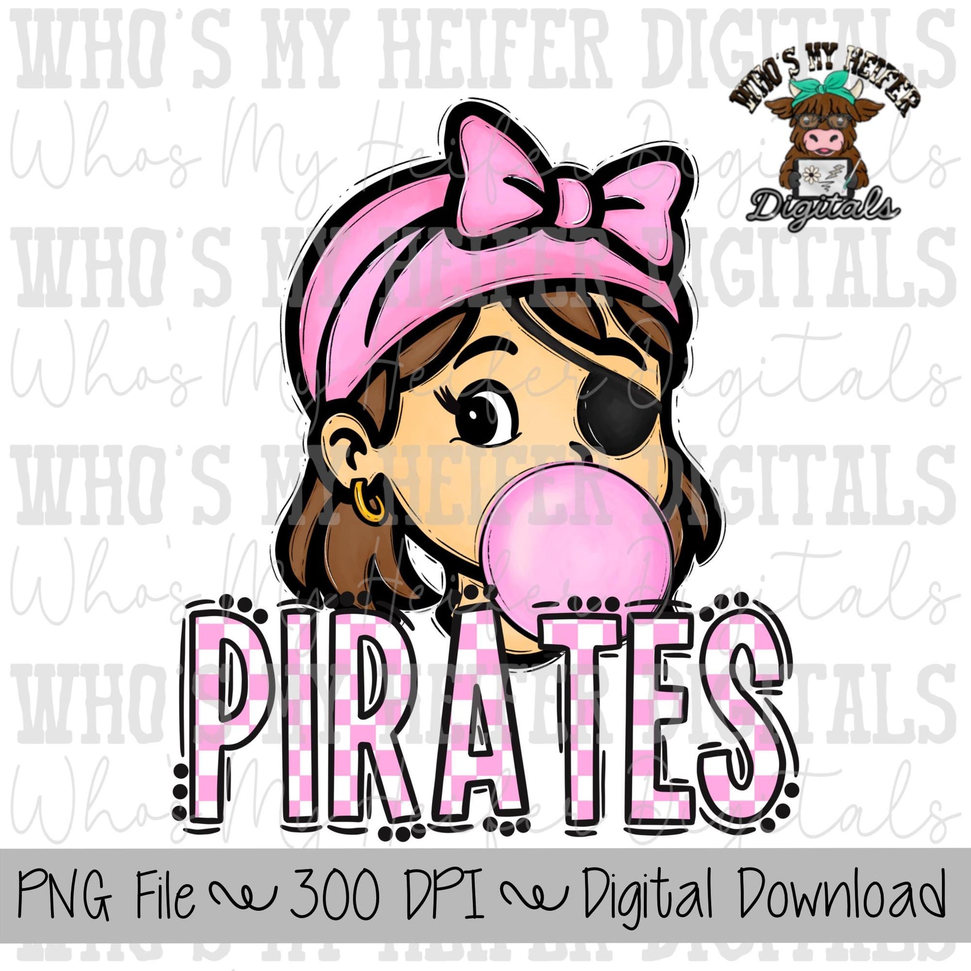 Bubble Gum Pirates PNG Hand Drawn Pirate with Bow Sublimation PNG Game Day Shirt Design School Spirit PNG Checkered Pirate Kid Mascot Doodle