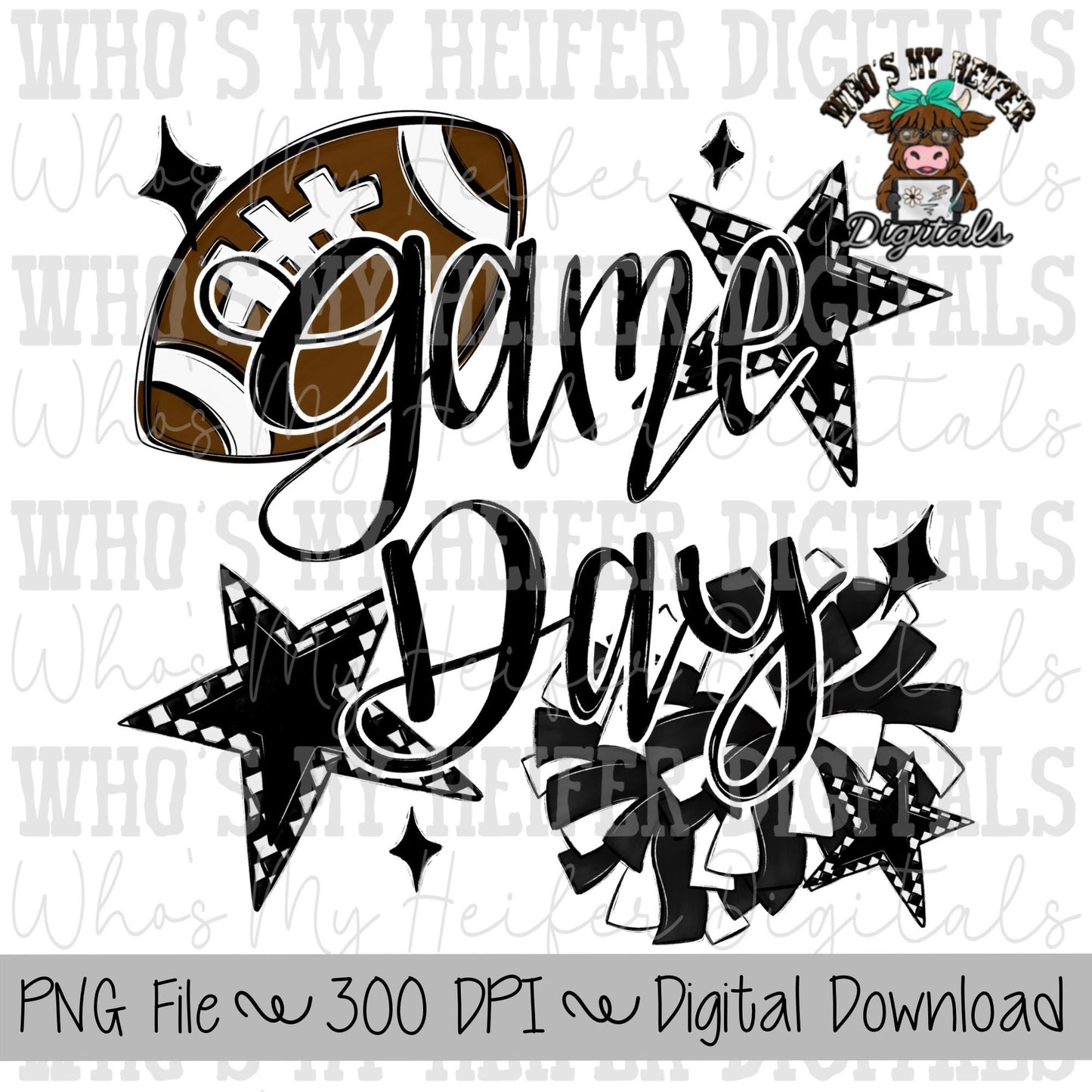 Game Day Football Cheer PNG Hand Drawn Football & Pompoms Sublimation Design Girl Game Day Shirt Design Cheer Clipart Checkered Stars