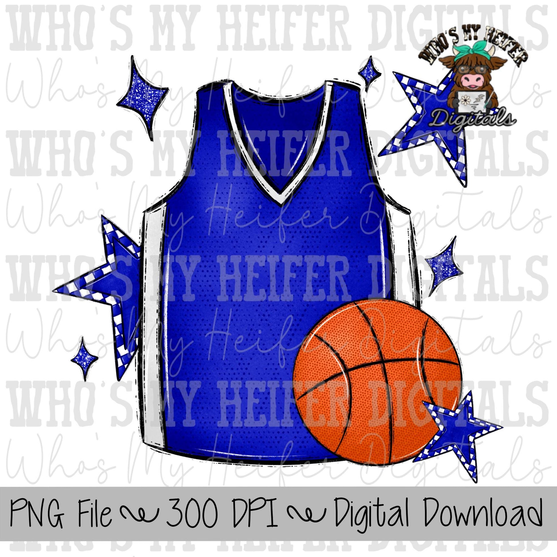 Blue and White Basketball PNG Hand Drawn Basketball & Basketball Jersey Sublimation PNG Retro Game Day Shirt Design Checkered Stars Clipart