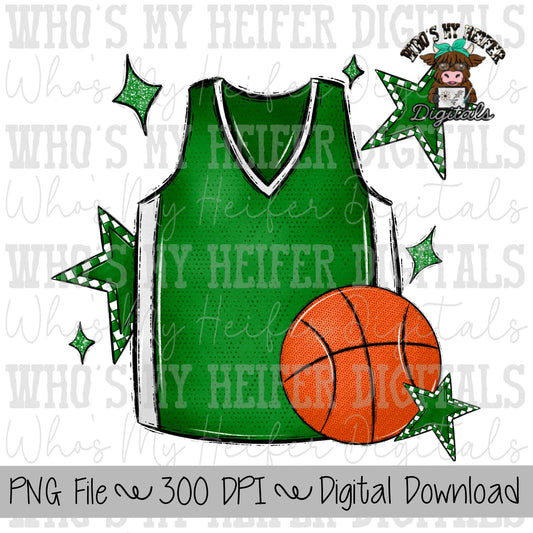 Green and White Basketball PNG Hand Drawn Basketball & Basketball Jersey Sublimation PNG Retro Game Day Shirt Design Checkered Stars Clipart