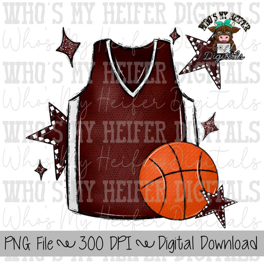 Maroon and White Basketball PNG Hand Drawn Basketball & Basketball Jersey Sublimation PNG Retro Game Day Shirt Design Checkered Star Clipart