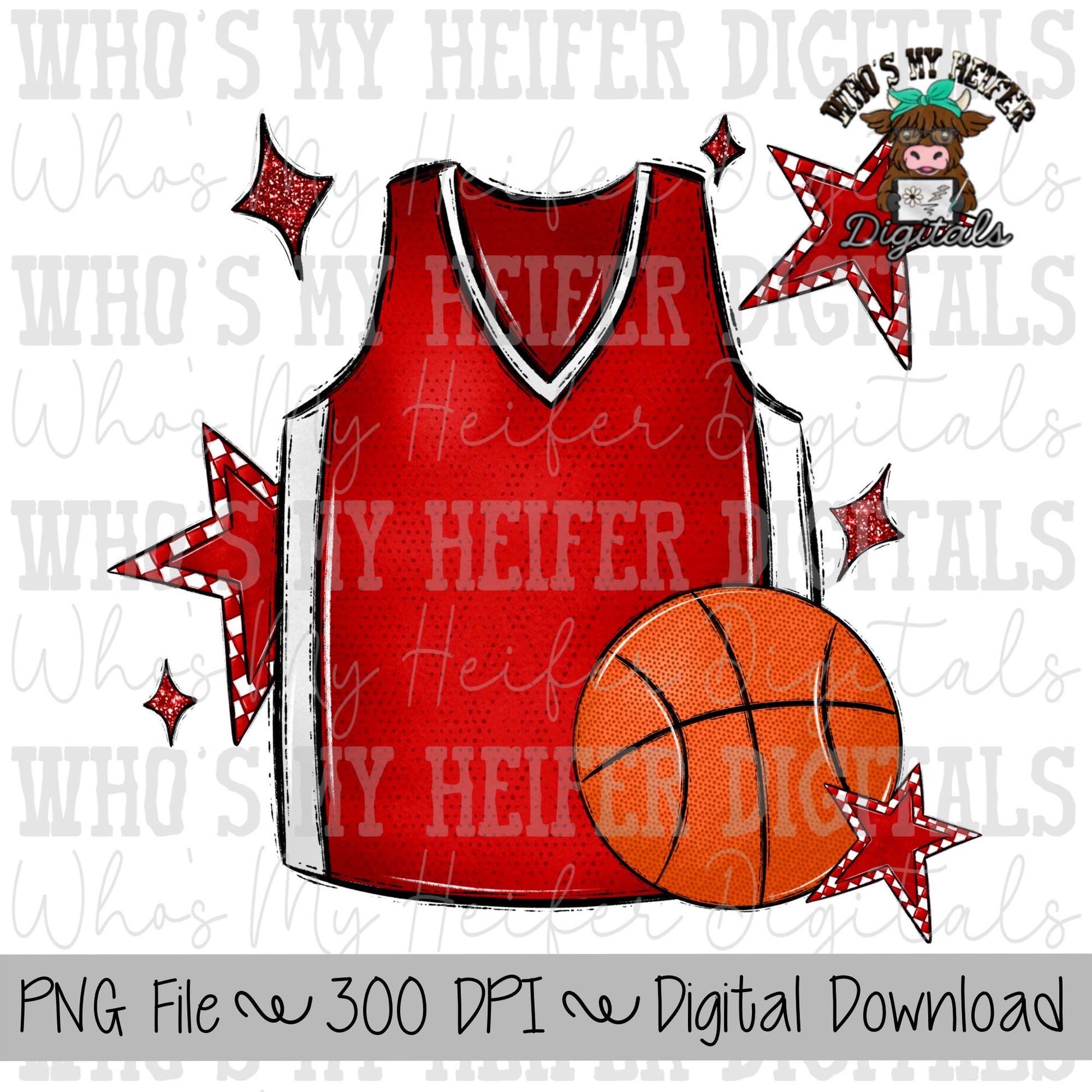 Red and White Basketball PNG Hand Drawn Basketball & Basketball Jersey Sublimation PNG Retro Game Day Shirt Design Checkered Stars Clipart