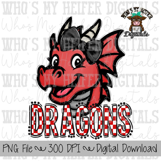 Red & Black Dragons PNG Hand Drawn Dragon with Bow Sublimation PNG Game Day Shirt Designs School Spirit PNG Checkered Dragon Doodle Art