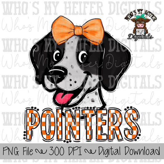 Orange & White Pointers PNG Hand Drawn Pointer with Bow Sublimation PNG Game Day Shirt Design School Spirit PNG Checkered Pointer Kid Mascot