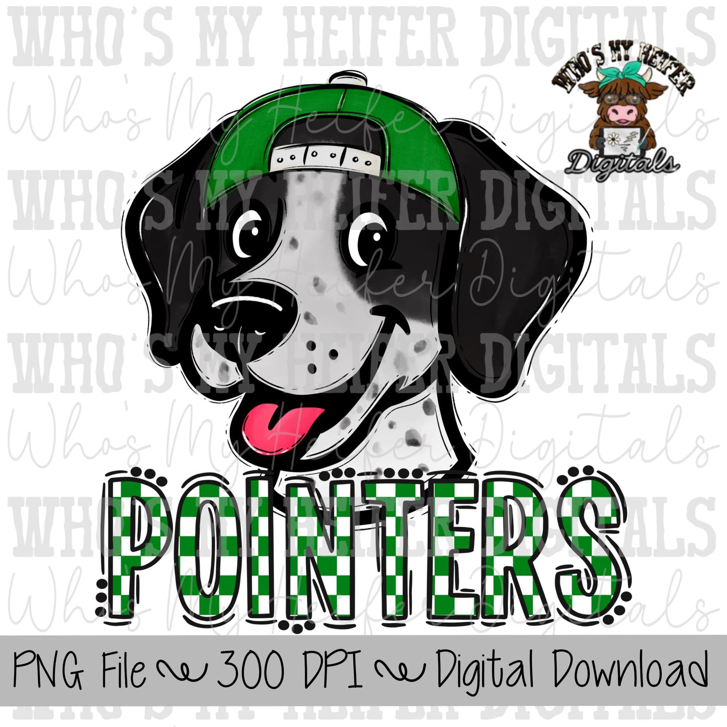 Green & White Pointers PNG Hand Drawn Pointer with Hat Sublimation PNG Game Day Shirt Designs School Spirit PNG Checkered Pointer Kid Mascot